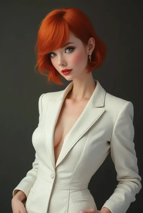 high quality,resolution:8k,realistic,Carolyn Dunn,red hair,bobcut,beautiful detailed eyes,beautiful detailed lips,white suit,pencil skirt,high heels,vivid colors,portraits,studio lighting