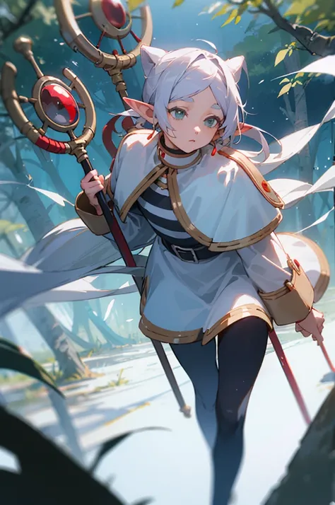 ((best quality)), ((masterpiece)), (detailed), woman, elf ears, elf, staff in hand, walking through the woods, light particles, firefly spirits, looking up in wonder