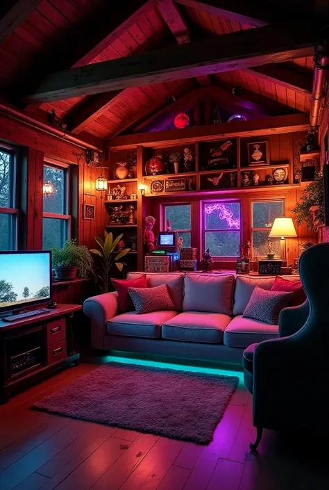  Show me the interior of a geeky cottage. avec de la déco de film comme gremlins et de jeux vidéo. with led RGB lighting 