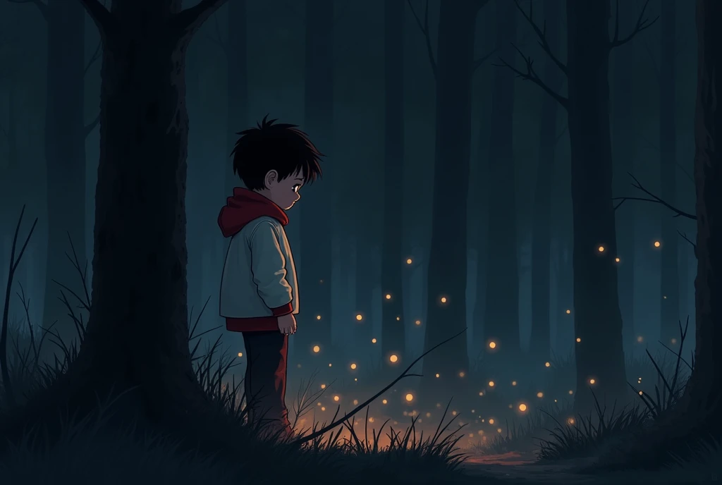 a lonely  picture for introvert boy slowly fading away in a dark forest at night standing beside a tree looking at fire files and is  with white and red pent coat 