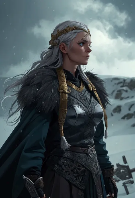 Olga is a Nordic warrior walking through a blizzard ,  she wields a Viking sword ,  She has a golden helmet 