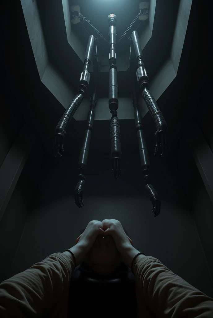 An image from the perspective of someone looking at the ceiling .  The ceiling is dark and has several very long robotic arms coming out of that darkness