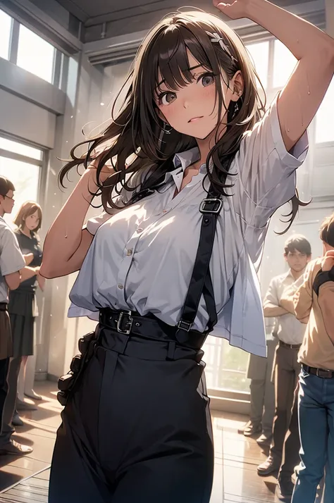 ​masterpiece、flat-colors、 faces with a depth of writing 、 lens flare 1 girl、、Brown Hair、 viewers with their hands on their hips　　　　belt　 black suspenders 　　　 plump chest 　　　 　 Armpit sweat　sweating　Both hands　　wall: 　 black pants, 　sight　　　Small Face　Bangs...