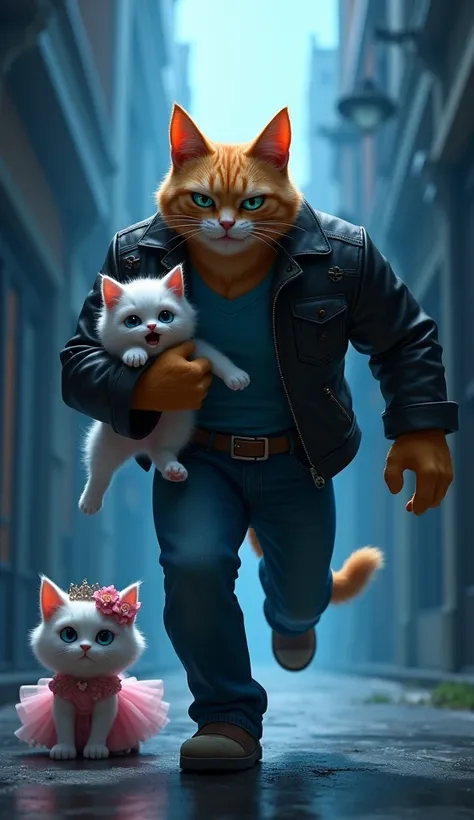 " A realistic action scene on a narrow and dark black cat street .  A muscular and anthropomorphic with a threatening expression rushes forward, wearing an open black leather jacket, showing off his defined muscles.  He carries a fluffy white kitten on his...