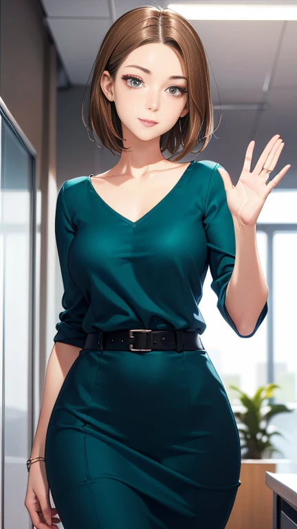 (a portrait with sharp focus and crisp quality, highlighting the subjects facial features, perfect anatomy)、 cowboy shot、(from below, lower body, looking up)、 40-year-old office worker 、 Teal Eyelids、Round eyes、 slender、Big Breasts、 (Perfect Makeup、 perfec...