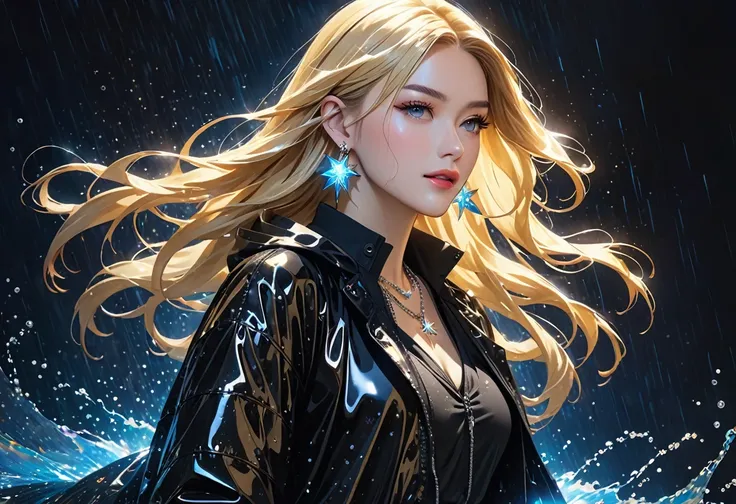 The image depicts a person with long, flowing blonde hair, which is illuminated beautifully, creating a striking visual effect. They are wearing a black outfit that glistens as if its slightly wet. The clothing appears to be stylish, consisting of multiple...