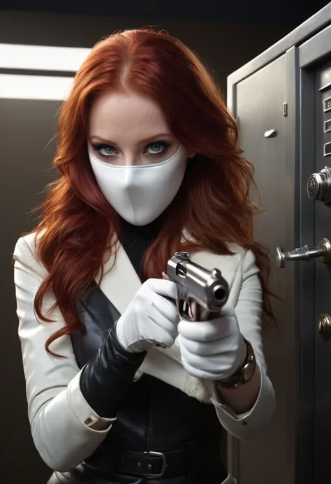 a woman with long red hair wearing a mask and white leather gloves, holding a gun and taking hostages in a bank safe, 1girl, long red hair, beautiful detailed eyes, beautiful detailed lips, extremely detailed face, gun, white leather gloves, bank safe, hos...