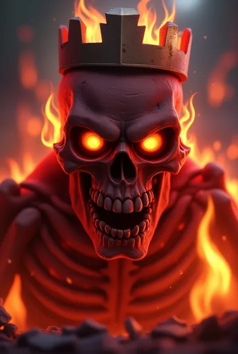 A red skeleton  ( just showing its head)  with a crown on the head, Around flames ,  looking directly at the observer , eyes glowing yellow and with an open mouth, no estilo de Clash of clans

