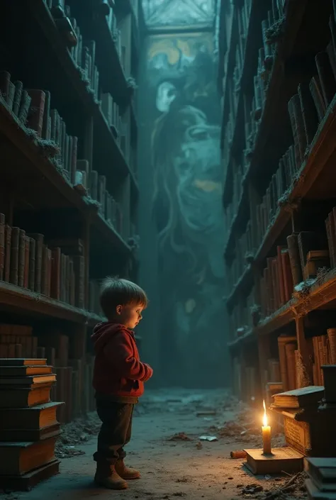 A young boy explores an abandoned, magical library at midnight. Towering bookshelves, covered in cobwebs, stretch toward the vaulted ceiling, filled with ancient, leather-bound books that seem to hum with hidden energy. A single, enchanted candle floats be...