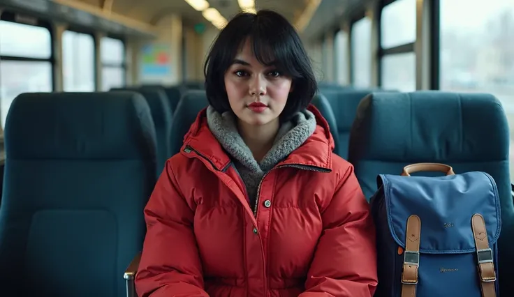   Real human photo, Fika is a 25 years old  woman with short  black hair and fair skin. She has well-defined eyebrows, large black eyes, and a neutral expression on her face.  . Wearing  red winter jacket, blue cargo pant, she is sitting on train chair. Be...