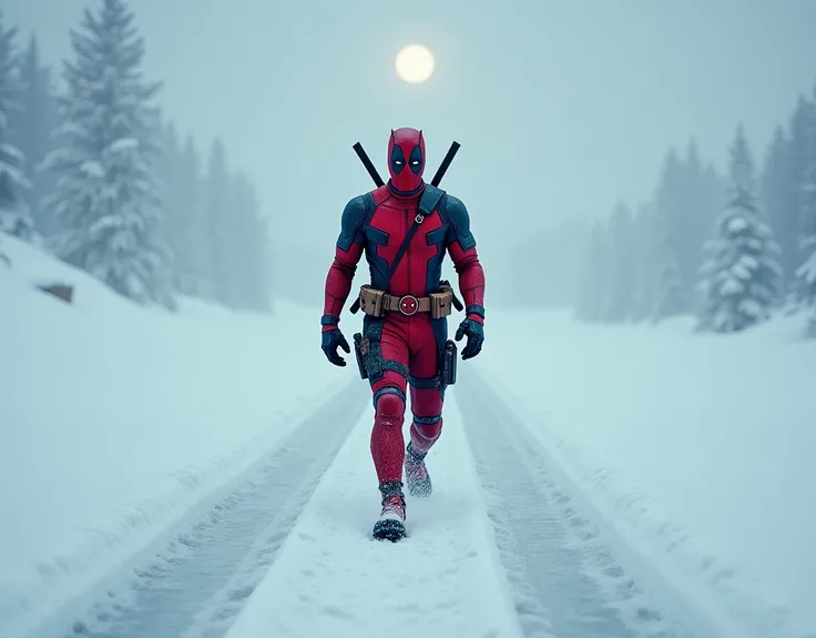 Deadpool walks confidently across the vast, frozen expanse, his red and black suit stark against the white, icy ground. His boots crunch through the snow with each step, his dual katanas glinting on his back, and his trademark mask remains expressionless, ...