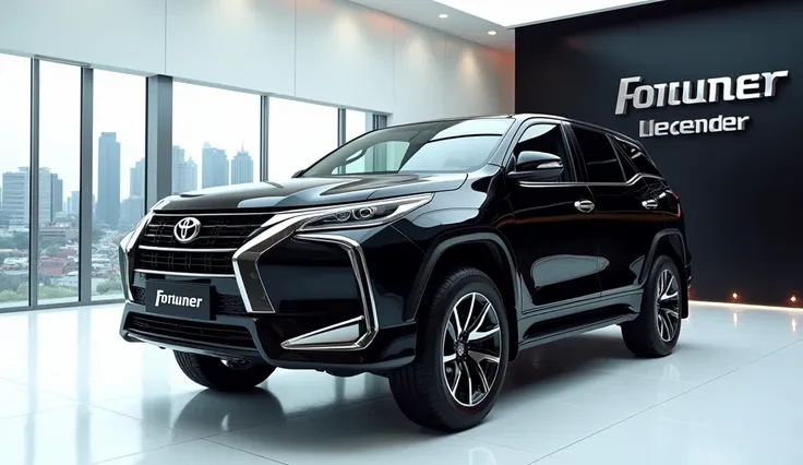 A captivating, futuristic image of the 2025 Toyota fortuner legender  taking center stage in a pristine white showroom. The car is stunningly showcased in a captivating black metallic hue, highlighting its top  sleek, aerodynamic design with bold accents. ...