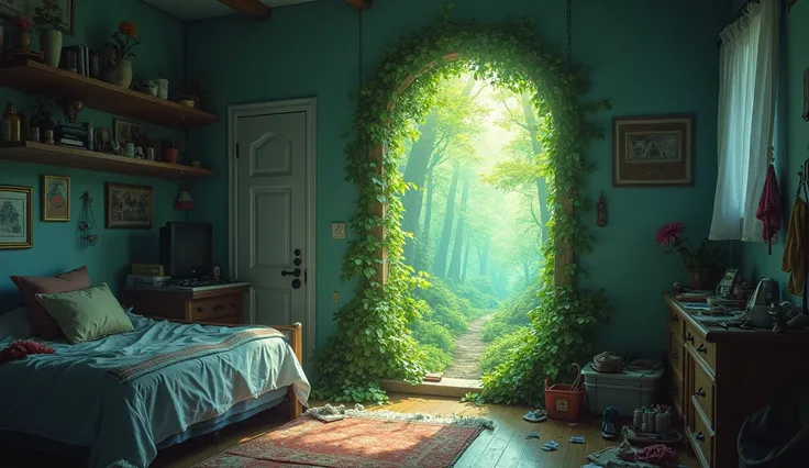 a portal into a mythical forest on the wall of my small messy bedroom