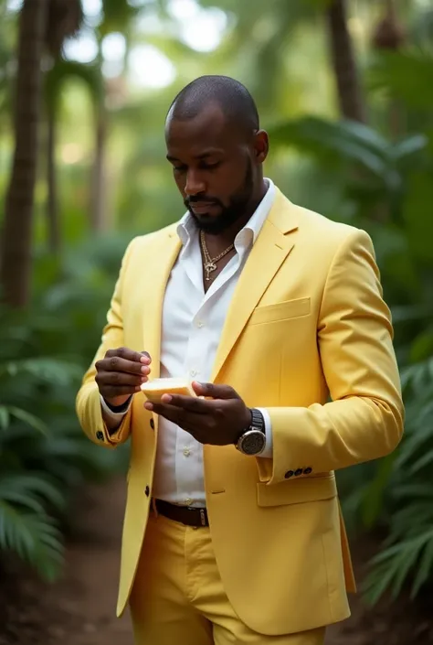 a man whit white bread in a $3000 pastel yellow suit in a jungle paradise, RAW, 8K, UHD, candid, amateur, close up, ((thinking he made a success