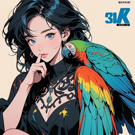 (((parrot sits on shoulder)))、(((Colorful parrot)))、(((The perfect parrot)))、(((detailed parrots)))、Only one woman、(((finger to mouth)))、Perfect Woman、(((Colorful ink splattered)))、(((Splattering paint)))、Black Dress、Top Quality、Masterpiece、Ultra Detail、((...