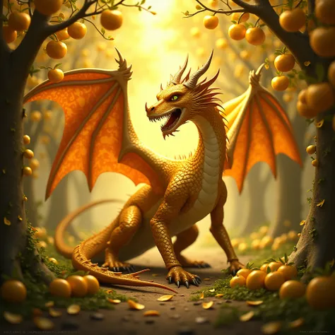 a fierce golden-yellow dragon surrounded by a forest of enchanting golden apples