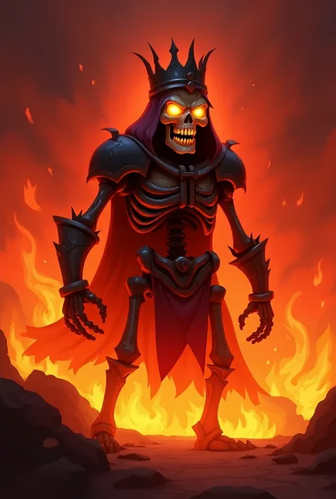  A red skeleton with a crown on its head , Around flames ,wearing dark armor looking directly at the observer, eyes glowing yellow and with an open mouth, no estilo de Clash of clans

