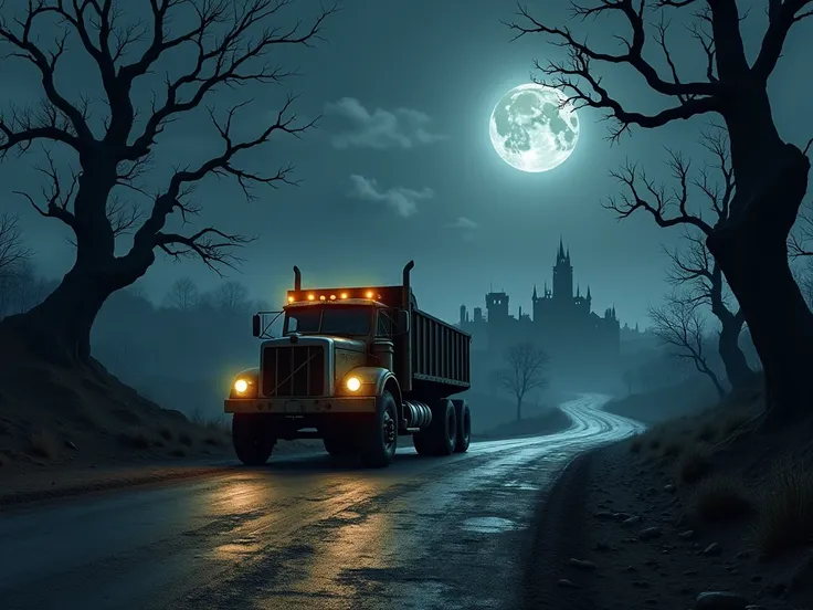  A realistic truck on a dark road,  with dry, twisted trees ,  with a dark and old city far away , At night a dark moon 