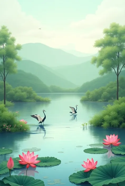 A big pond, floating lutos flowers, birds 