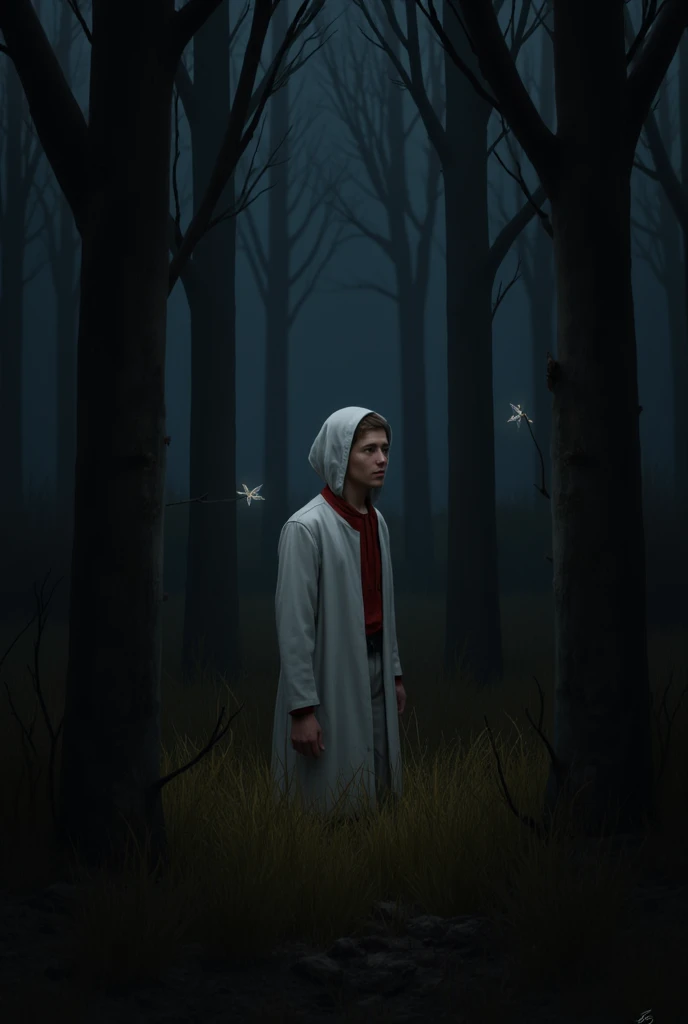 a lonely picture for introvert man slowly fading away in a dark forest at night standing beside a tree looking at fire files and is with white and red pent coat realistic facing his back
