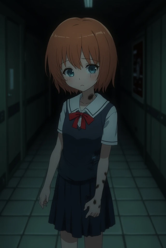 Sayori, Doki Doki Literature Club,  short hair, Orange colored hair, HAIR BOW, red bow, pale appearance .  dull and empty eyes  . blue eyes,
 Sayoris school uniform is torn with patches of darkness , sad.   She carries a melancholic expression  . neck with...