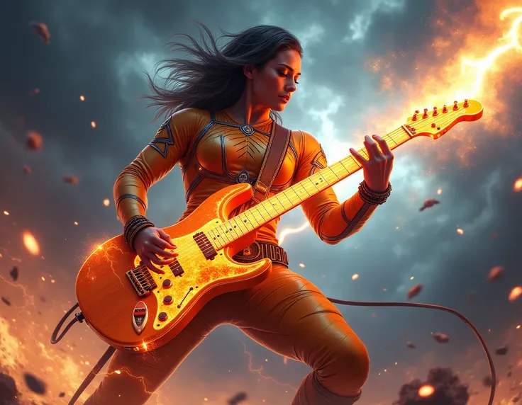 Create a superhero holding a guitar and letting out feiches of light