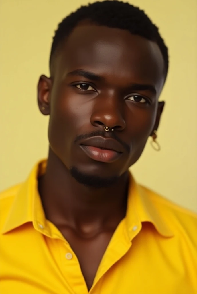 Create an image of a handsome Nigerian guy with a dot earring on one ear and he should be wearing a yellow shirt 