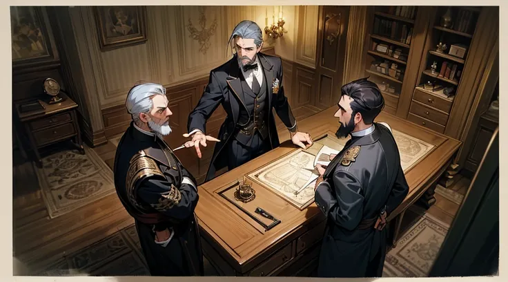 side view from above you can see a table, and behind it two men, the first is a handsome gentleman, gray hair, beautiful gray beard, black Victorian suit, Victorian steampunk style, garments with gold embroidery with Indian patterns, talking to a second ma...