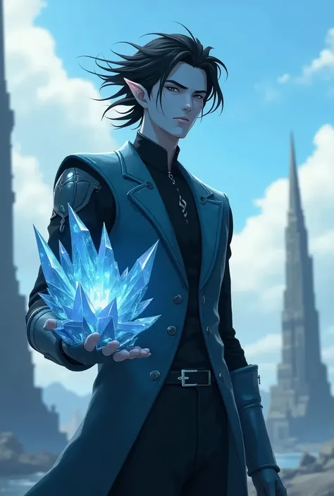 The image features a tall, ethereal male elf with an otherworldly presence. The subject is an elf with light blue skin and sharp, angular facial features, including high cheekbones and pointed ears. His hair is a striking black, styled in the wind. They ar...