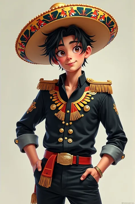 Believe me a male gamer boy wearing a black Guatemalan uniform with a chilero hat underneath saying chilero