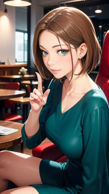 (a portrait with sharp focus and crisp quality, highlighting the subjects facial features, perfect anatomy)、 cowboy shot、(from side, portrait, looking away)、30 year old office worker 、 Teal Eyelids、Round eyes、 slender、Big Breasts、 (Perfect Makeup、 perfect ...