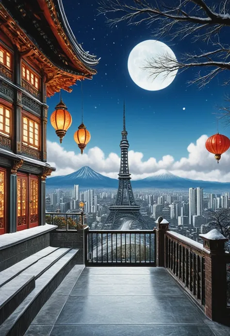 COMG3O,acrylic paint (medium),album cover,arch,architecture,balcony,bridge,building,chimney,city,city lights,cityscape,clock tower,cloud,crescent moon,dress,east asian architecture,fantasy,ferris wheel,fisheye,flag,full moon,gate,house,lantern,moon,night,n...