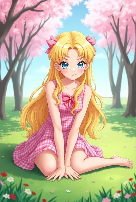 Make me an image of Serena Tsukino, a young adult from the anime sailor moon with long blonde hair and Chonguitos with bows wearing a pretty pink dress with a checkered print while sitting in the grass under a tree with pink flowers in a park with trees an...