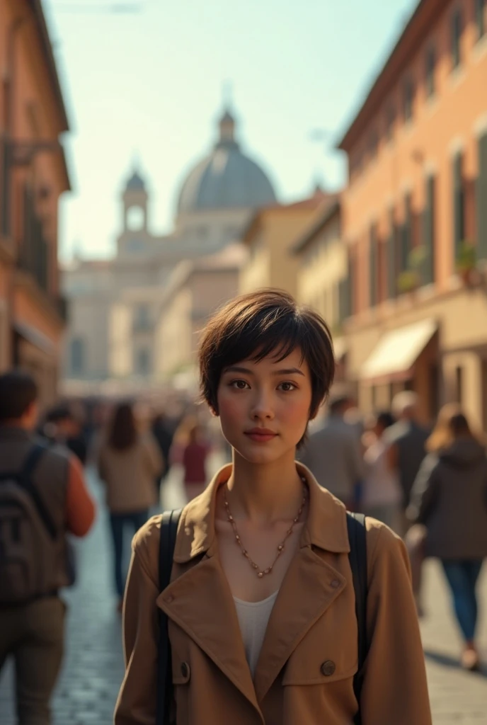  Young, attractive and intelligent short-haired woman travels with her friends,couple and dad to Rome  