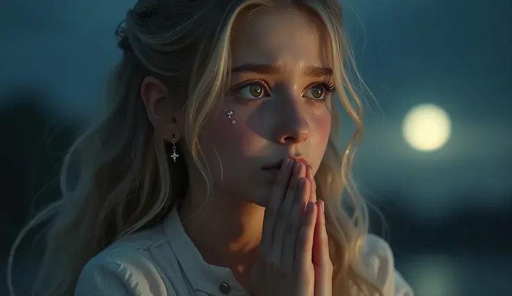 A beautiful blonde girl 13yo, in left side, wearing cross earrings,feeling sad while praying and elegantly wrapping around her hands in a prayer position, hands raised in worship, tears glistening on her cheeks sitting with portrait standing in front of a ...