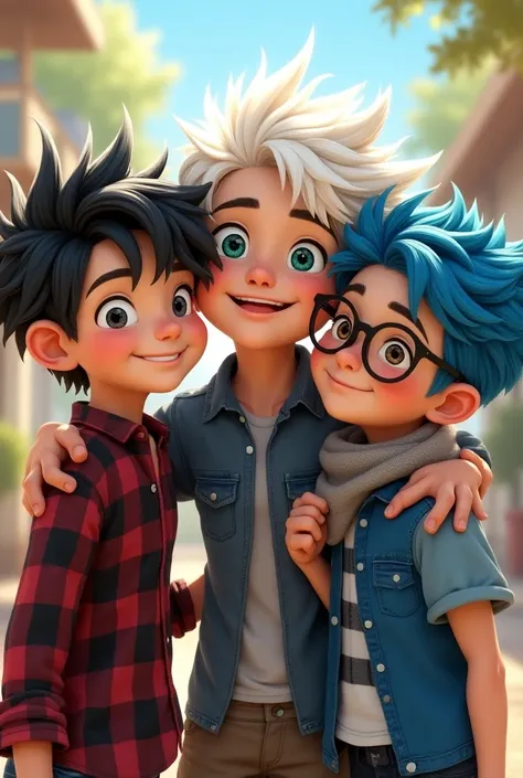 Three boys the first boy has black hair red and black plaid shirt and blue eyes ,The other one has white hair and green eyes and a blue shirt with pontoons and wears a scarf  , the other one has blue hair and wears glasses black eyes shirt Banime and they ...