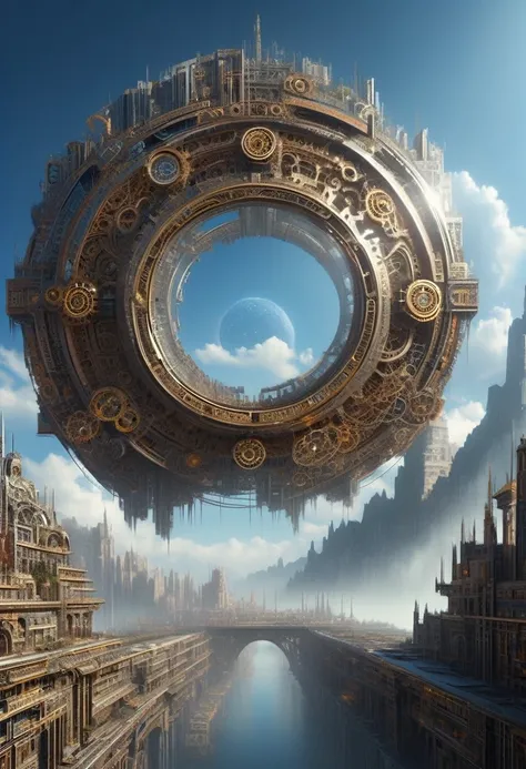 （Very unified CG scene design），（A ring-shaped future city suspended in the universe），（Neatly arranged future technology houses in the ring）complex structure，Complex gears，clear texture，complex patterns，glyphic，Titanium alloy，Sophisticated construction，Ultr...