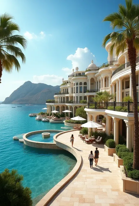  a resort city for the extremely rich ( European-style buildings including the sea , Palm tree, Sea included)