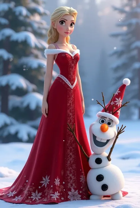 Disney style snow queen 3D dresses up in a long red Christmas dress with Olaf and his Christmas hat