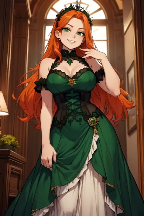 Perfect face. Perfect hands. An orange haired woman with green eyes with an hourglass figure in a green ballgown is smiling while posing in a Gothic ballroom