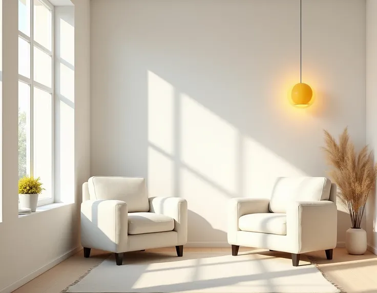  create a living room with white chairs, white wall, windows and yellow lights 