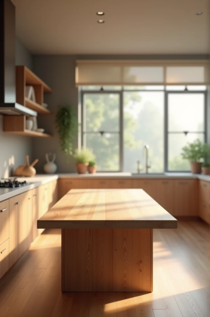 Please generate a image of Big kitchen roomin the Blur background, wooden table useful space