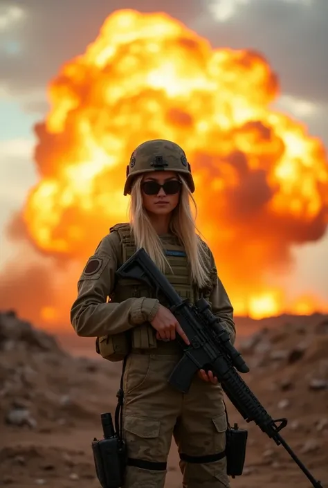 A huge bomb explodes in the sky, spreading flames and debris in all directions. The camera shoots from a low angle to capture the moment the bomb explodes, while the fire illuminates the ruins of the battlefield. The face of a beautiful blonde soldier in a...