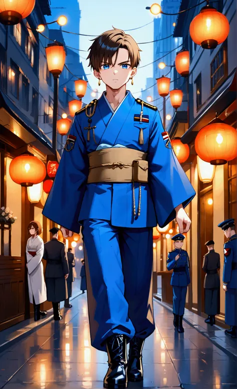 a brutal man with a serious look , short-haired brunette ,  blue eyes,  earring in the ear, Inflated figure,  is wearing a navy blue kimono and blue combat pants, in black boots, walks through the city at night 