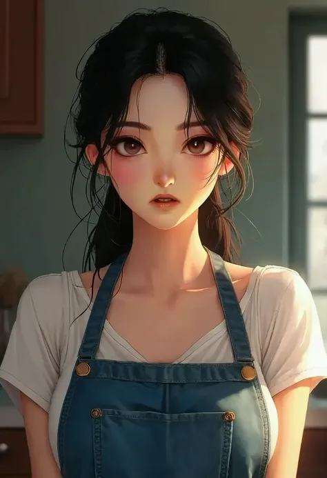 masterpiece, best quality, Detailed Eyes, cute woman, casual wear, jean, black hair, brown eyes, angry face, scared face, -tears