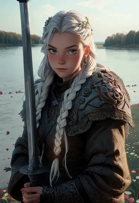  An 18-year-old Nordic warrior is resting on a field of roses  ,  she leaves her sword aside and contemplates the beauty of a rose holding with both hands , scene seen from above , a beautiful image of spring in Denmark  