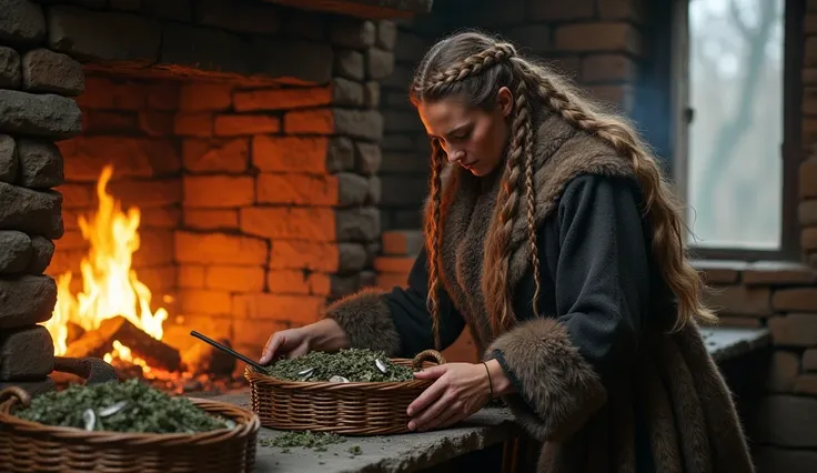 Viking woman managing the household, robust woman with long, braided hair, dressed in furs and a thick wool tunic, 10th century, inside a warm Viking home, woman organizing baskets of dried fish and herbs, a fire crackling in the hearth, the warm glow of t...