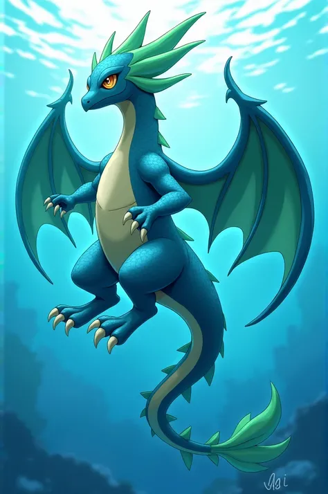  Charizard

1 . Charisplash  ( Marine Adaptation ):

Aspect: Charisplash  tendría una apariencia más aerodinámica,  with blue and green scales .  Its wings would be replaced by large fins ,  and its tail would have a kind of  " caudal fin "  to swim quickl...