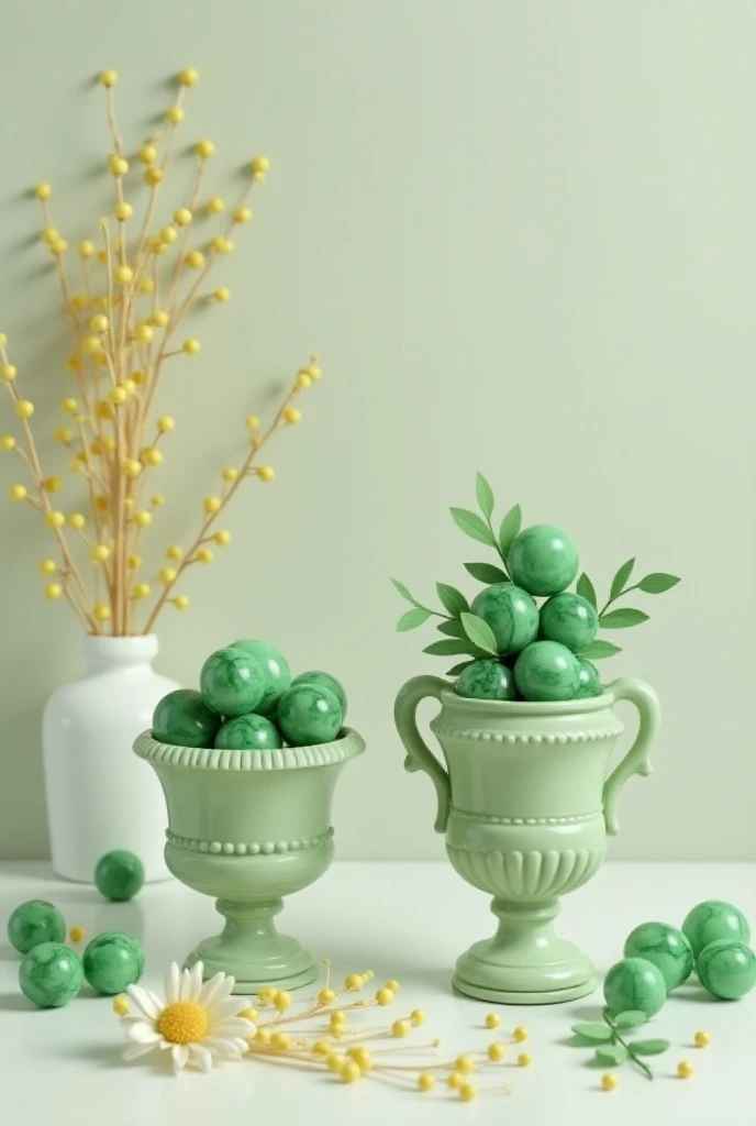 urns with green marbles , white and yellow 