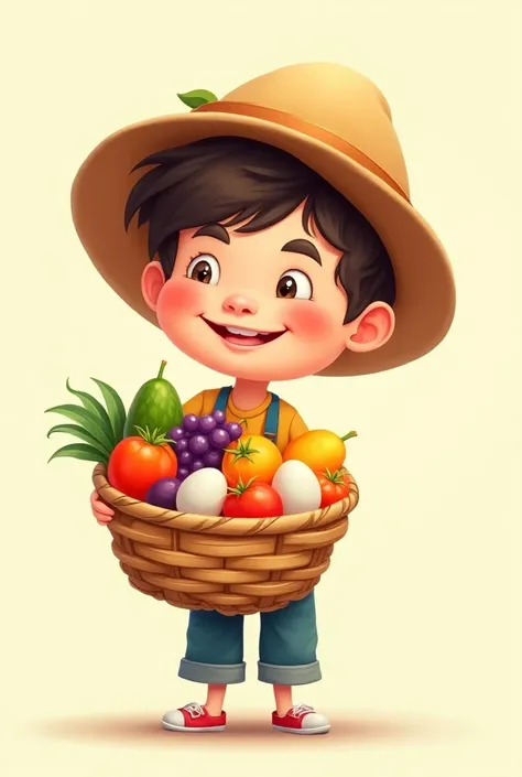  Create a child image with a fruit basket with orange, uva, tomato, egg and avocado the image format is cartoon  